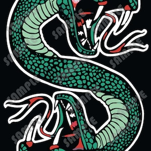 May include: A green and black graphic illustration of two snakes intertwined in an S-shape. The snakes have open mouths with visible fangs and red accents. The design is outlined in white against a black background.