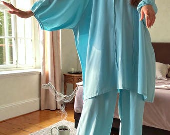 Silk Pyjama Set Women – Long Loose Fit Satin Sleepwear, Baggy Silk Pajamas