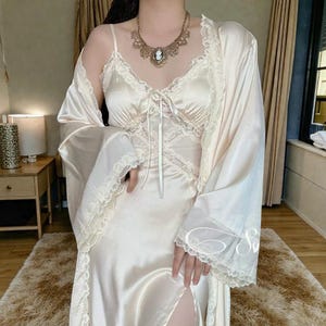 Luxury Satin Lace Nightgown Set with Robe – Bridal Silk Slip Set