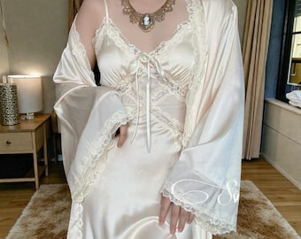 Luxury Satin Lace Nightgown Set with Robe – Bridal Silk Slip Set