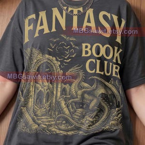 Fantasy Book Club Dragon Book Lover Comfort Colors® Tshirt, Reading Mythical Creature Vintage Illustration Gothic Ruins Tee