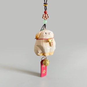 Japanese Style Miniature Wooden Dog Charm, Hand Carved Basswood Puppy Hanging Decor, Lucky Rearview Mirror Decor, Bag Charm & Keychain, Gift