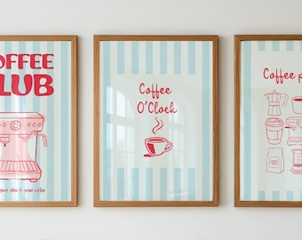 Coffee Club Set Of 3 Retro Coffee Print Pastel Kitchen Wall Art (Digital Download)