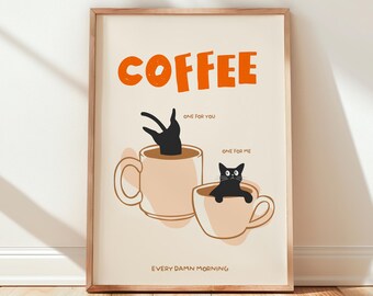 Lámina para amantes de los gatos y el café: Póster para taza de cocina (Descarga digital)