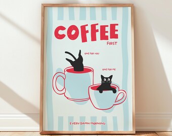 Lámina para amantes de los gatos y el café, póster divertido de taza felina, arte de pared a rayas azules