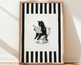 Svart katt som läser tidning på toaletten Vintage skiss Quirky badrumskonst (digital nedladdning)