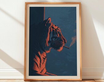 Lámina con retrato de Tigre fumando, arte mural retro con ambiente melancólico, póster decorativo cinematográfico para apartamento / descarga digital