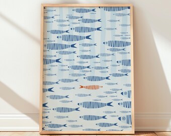 Lámina decorativa de peces para pared: Póster para baño con temática costera (Descarga digital)