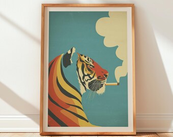 Póster de tigre fumando un cigarrillo, arte mural retro vintage, lámina decorativa con animales de aspecto melancólico.