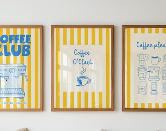 Retro Coffee Prints, Yellow Blue Line Art Trio, Kitchen Decor (Digital Download)