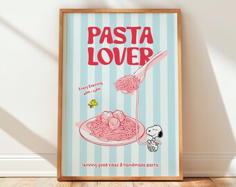 Snoopy serverar pastaälskare spaghetti retro illustration köksdekor udda väggkonst (digital nedladdning)