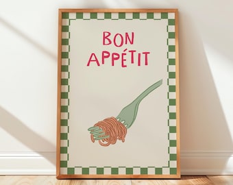Bon Appetit Kitchen Print, Pasta Fork Poster, Retro Green Kitchen Wall Art