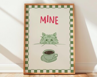 Peeking Cat Coffee Cup Retro Illustration Quirky Kitchen Decor Wall Art (Digital Download)