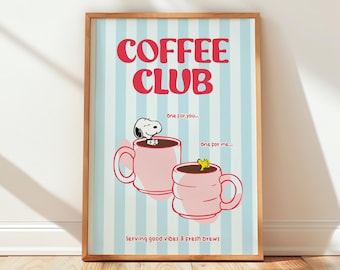 Snoopy serverar kaffeklubb retro köksinredning udda minimalistisk caféväggkonst (digital nedladdning)