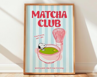 Snoopy serverar Matcha Club retro köksinredning udda grönt te-konst (digital nedladdning)