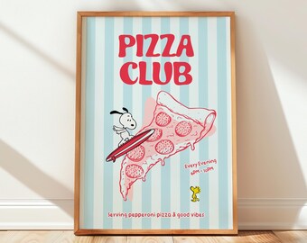 Snoopy serverar pizzaklubb pepperoniskiva retro köksdekor udda väggkonst (digital nedladdning)
