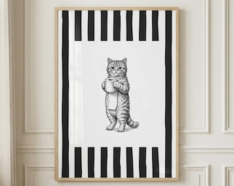 Katt som håller toalettpapper Vintage skiss Quirky badrumsväggkonst (digital nedladdning)