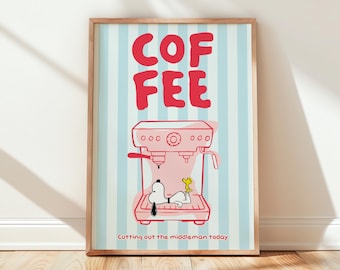 Snoopy Cutting Out The Middleman Väggkonst, Rolig Kaffeposter, Kök Blå Randig (Digital Nedladdning)