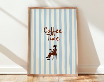 Coffee Time Woman In Suit Art Retro Blue Striped Office Decor (Digital Download)