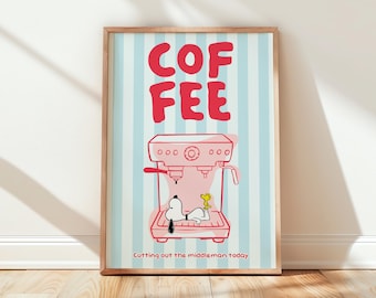 Snoopy Cutting Out The Middleman Wall Art, Funny Coffee Poster, Kitchen Blue Striped (Digital Download)