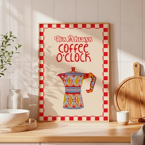 Kitchen Wall Art, Coffee O'Clock Moka Pot Print, Retro Coffee Bar Poster Download