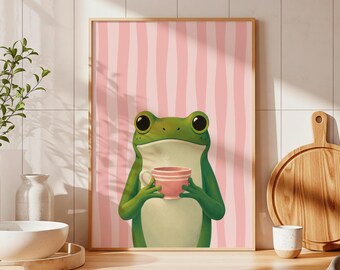 Lámina decorativa de café con rana acogedora, póster de arte mural para cocina estilo cottagecore rosa (descargable)