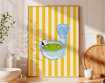 Snoopy sirviendo té matcha en el baño, rayas amarillas, decoración retro para la cocina, arte peculiar (descarga digital)
