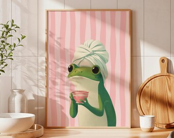 Lámina decorativa de café con rana acogedora, póster de arte mural para cocina estilo cottagecore rosa (descargable)