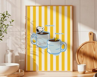 Tazas de café de Snoopy con ilustración retro, rayas amarillas, decoración de cocina, arte mural original (descarga digital)