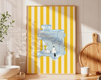 Cafetera espresso de Snoopy con rayas amarillas, decoración retro para la cocina, arte cafetero original (descarga digital)