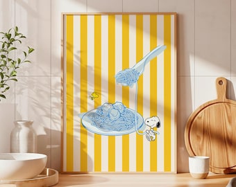 Ilustración retro de Snoopy con rayas amarillas y espaguetis, decoración de cocina original para pared (descarga digital).