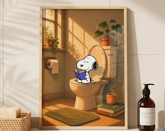 Lámina retro de Snoopy para baño, póster decorativo de pared para leer en el inodoro en tonos neutros cálidos (descargable)