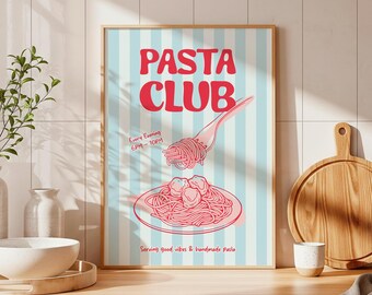Pasta Club Spaghetti Retro Illustration Kitchen Decor Quirky Italian Food Wall Art (Digital Download)