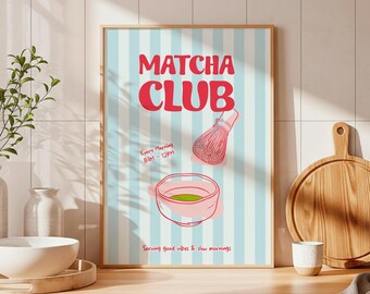 Matcha Club Retro Illustration Kitchen Decor Quirky Green Tea Wall Art (Digital Download)