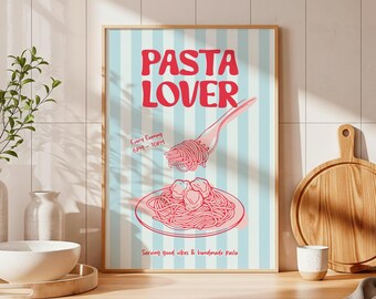Pastaälskare, spaghetti, köttbullar, retro illustration, köksinredning, udda italiensk väggkonst (digital nedladdning)