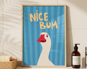Bonito estampado de ganso, divertido arte de pared para el baño, decoración retro azul para el baño / Descarga digital