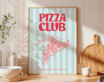 Pizza Club Pepperoni Slice Retro Illustration Kitchen Decor Quirky Italian Wall Art (Digital Download)