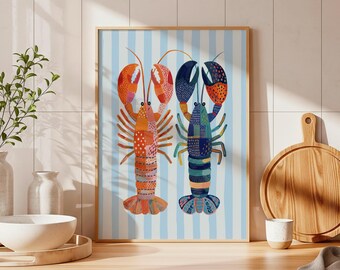Lámina decorativa de langosta con temática náutica: Póster para cocina costera (descarga digital)