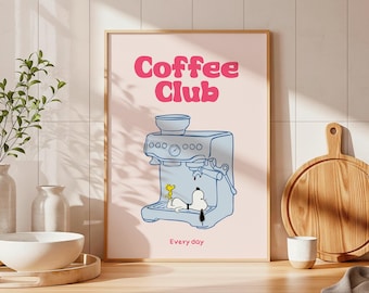 Lámina del Club del Café de Snoopy, Póster de máquina de espresso, Decoración de pared para cocina (Descarga digital)