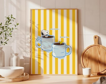 Snoopy Kaffemuggar Retro Illustration Gula Ränder Köksinredning Udda Väggkonst (Digital Nedladdning)