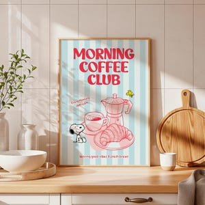 Snoopy Coffee Print, Blue Striped Kitchen Coffee Bar Wall Art Poster Download