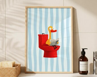 Divertido póster para el baño: Pato rojo en el inodoro leyendo el periódico. Decoración original para el baño (descarga digital).
