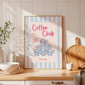 Kaffeklubbstryck, poster med staplade muggar, köksväggkonst (digital nedladdning)