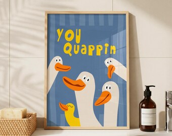 Decoración divertida de ganso para el baño, lámina con humor azul para el baño, arte de pared de pato gracioso