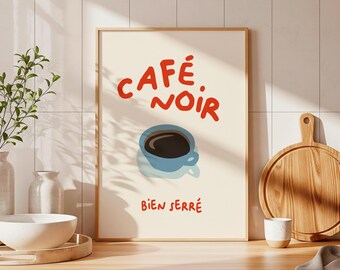 French Coffee Poster Cafe Noir Espresso Print, Minimalist Kitchen Wall Art Gift