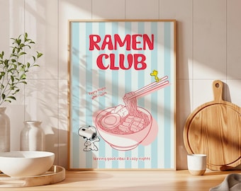 Póster de Snoopy con estampado de ramen y rayas azules para pared de cocina (descarga gratuita)