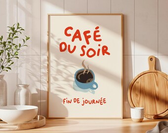 French Coffee Poster Cafe du Soir Evening Cup Print, Minimalist Kitchen Wall Art