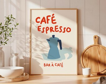 French Cafe Poster Cafe Espresso Moka Pot, Minimalist Coffee Print, Kitchen Wall Art