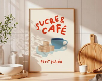 French Coffee Poster Sucre and Cafe Sugar Cubes Print, Minimalist Kitchen Wall Art