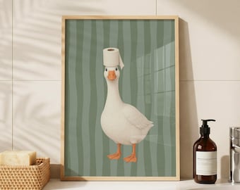 Lámina divertida de ganso para el baño, póster de arte mural de papel higiénico verde salvia (descargable)